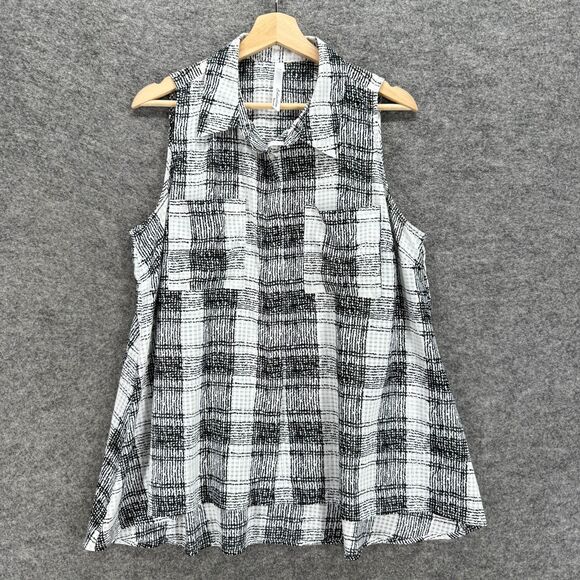 NY Collection Shirt Women M Medium White Plaid Button Up Collared Pockets Casual - Picture 1 of 7